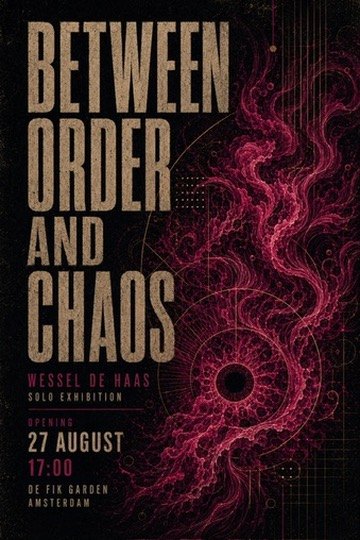 Poster: Between Order and Chaos — Wessel de Haas solo exhibition, opening 27 August at 17:00, De Fik Garden, Amsterdam