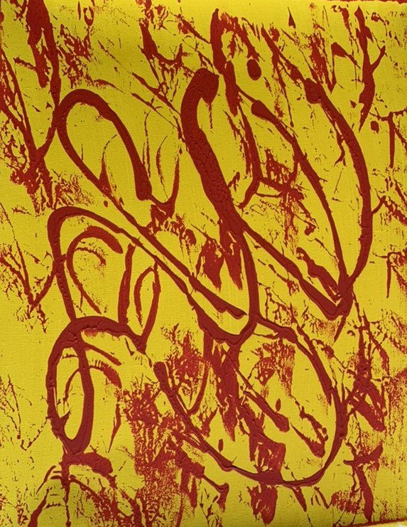 Yellow field with poured red loops