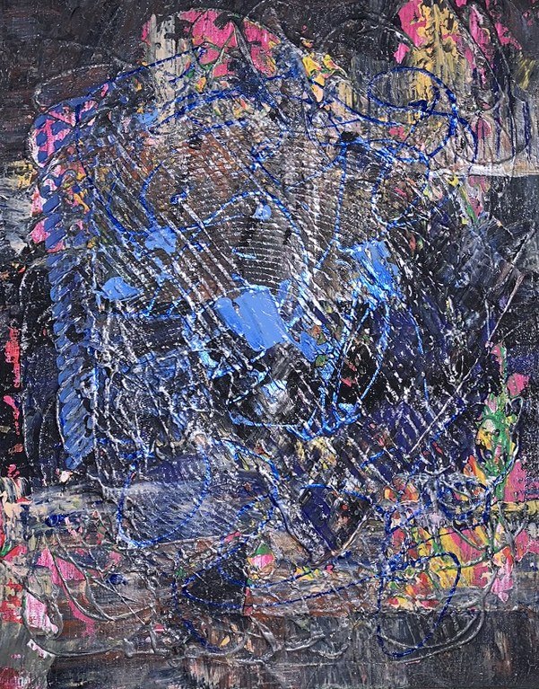Dark blue and black canvas with pale blue loops and flecks of pink and yellow