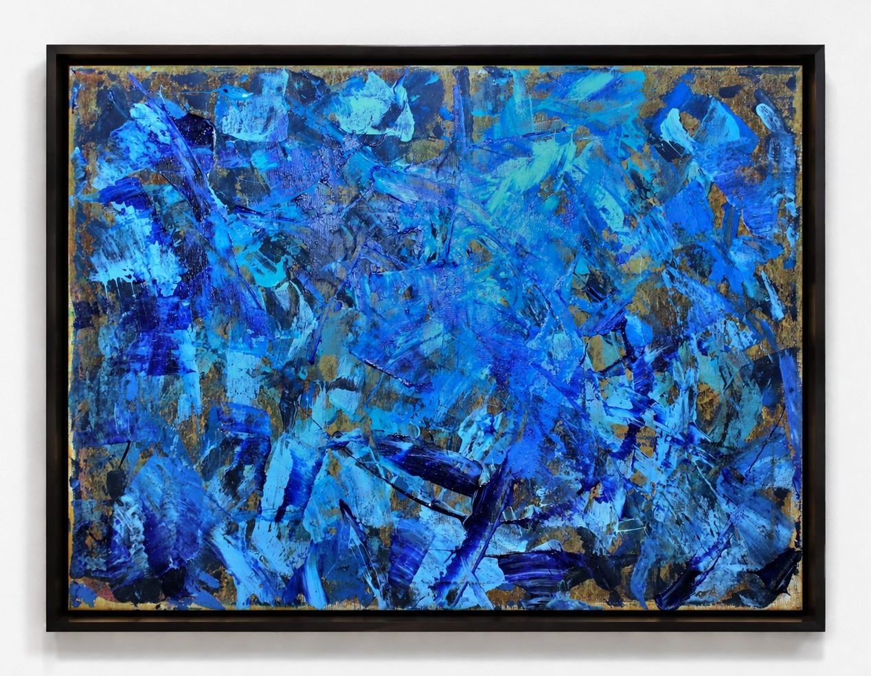 A field of blue brushstrokes, in a black frame